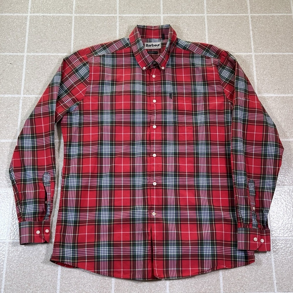 Barbour Men's TAILORED FIT Button Down Cotton Red Plaid Oscar Shirt Large
